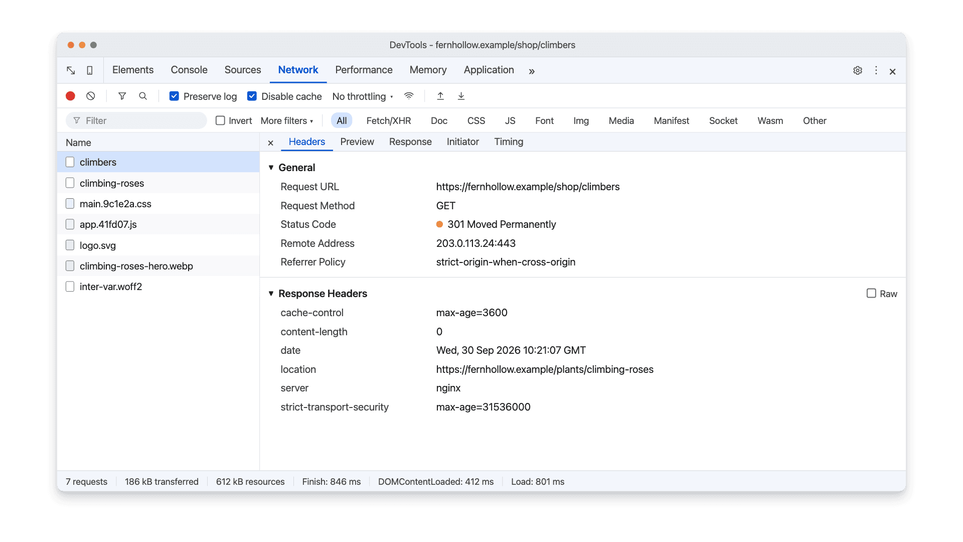 Chrome DevTools Network panel with Preserve log and Disable cache turned on and the first request selected, showing Status Code 301 Moved Permanently and a location response header pointing to the new URL