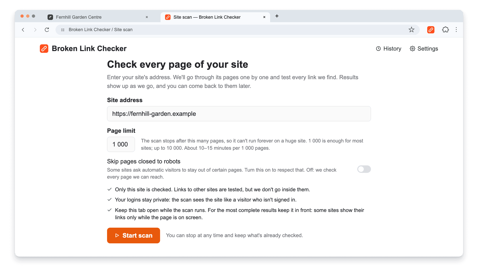 Broken Link Checker whole-site scan start screen with the site address, page limit of 1,000, and the Start scan button