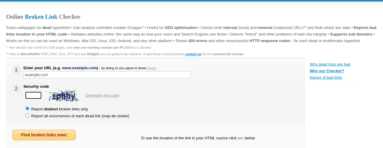 BrokenLinkCheck.com checker form with the URL field, security code, distinct or all-occurrences report options, the Find broken links now button, and the note about the free 3,000-page limit