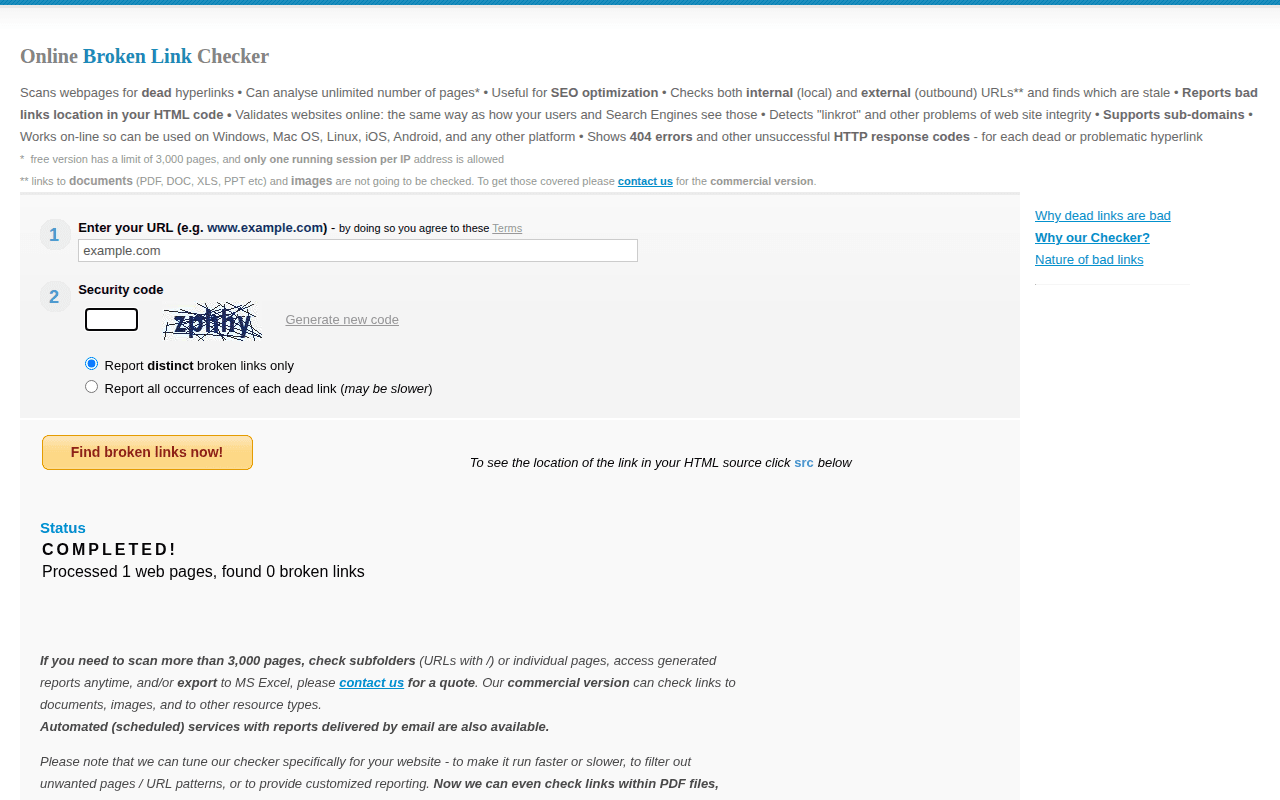 BrokenLinkCheck.com — a free online tool that scans websites for dead links and reports HTTP error codes
