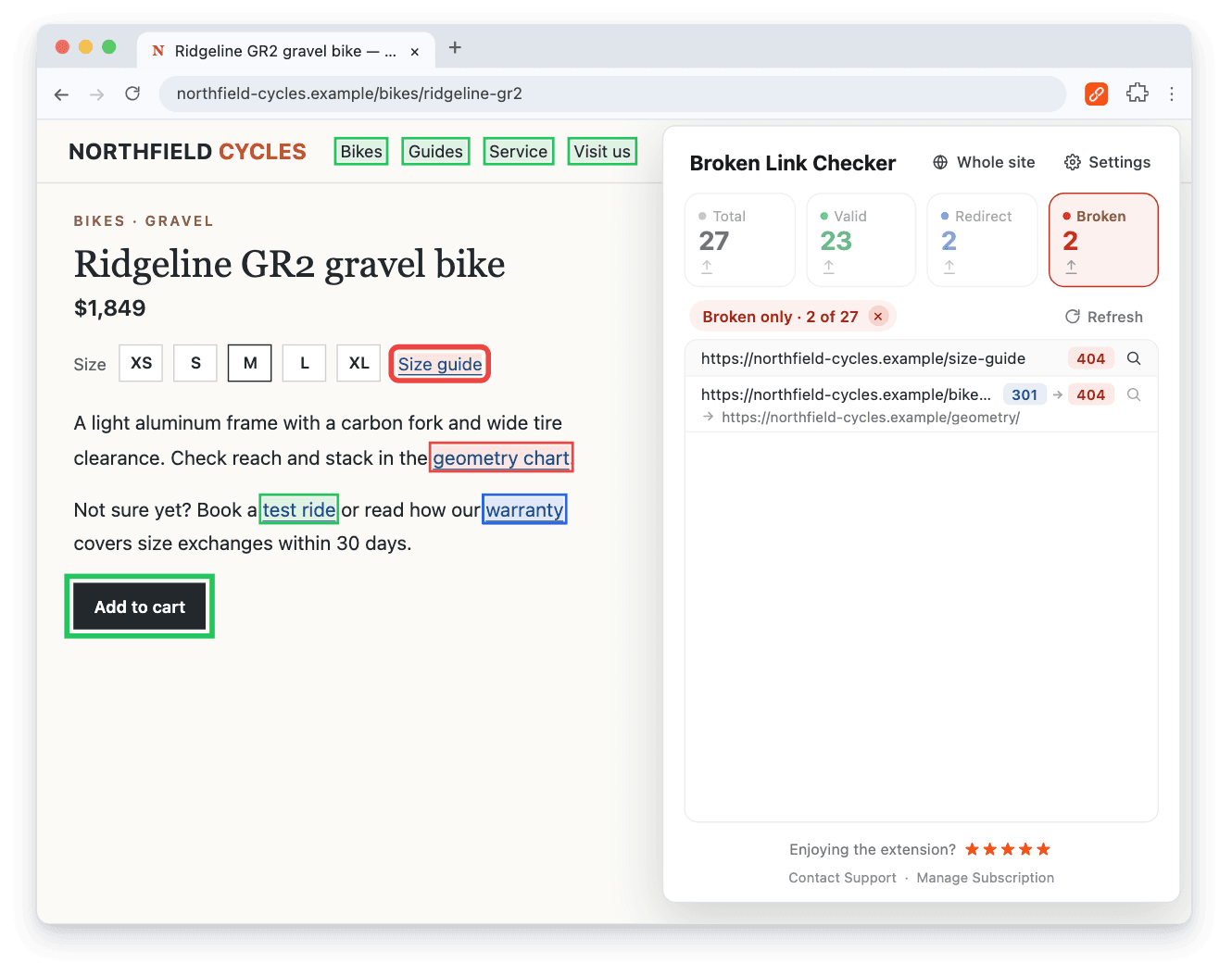 Broken Link Checker popup filtered to two broken links on a bike product page, with the Size guide link outlined in red