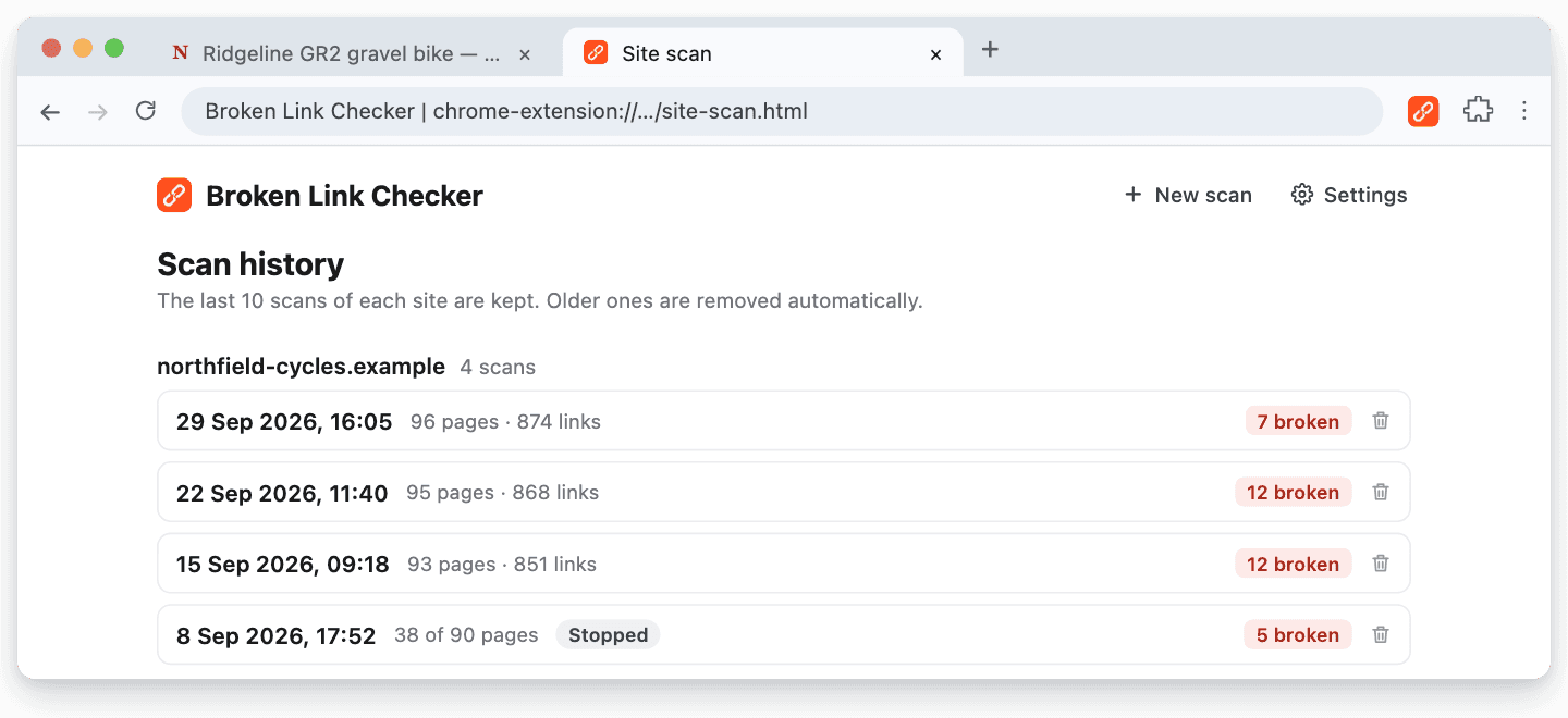 Scan history for one site listing four scans with their page counts and broken-link totals, including one stopped scan