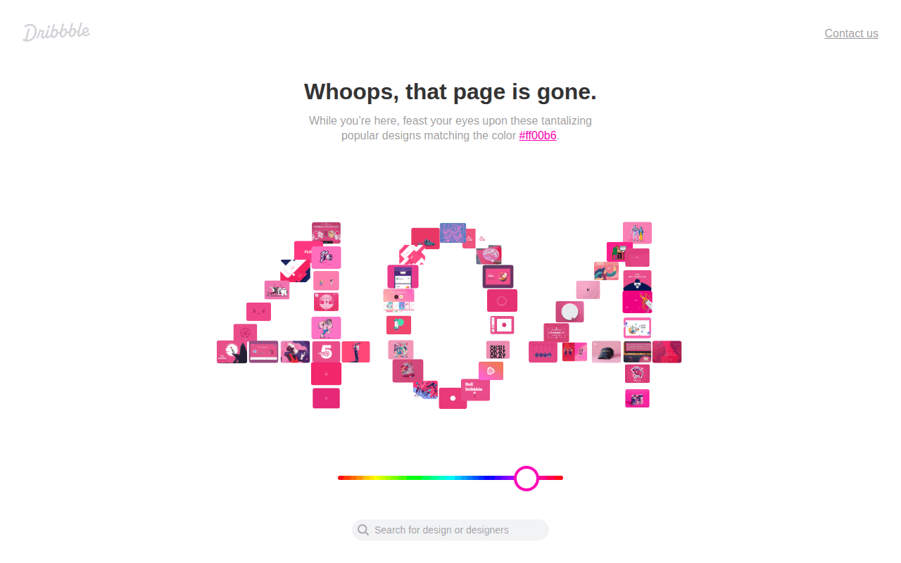 Dribbble's 404 page composed of pink-themed design thumbnails arranged in a 404 pattern