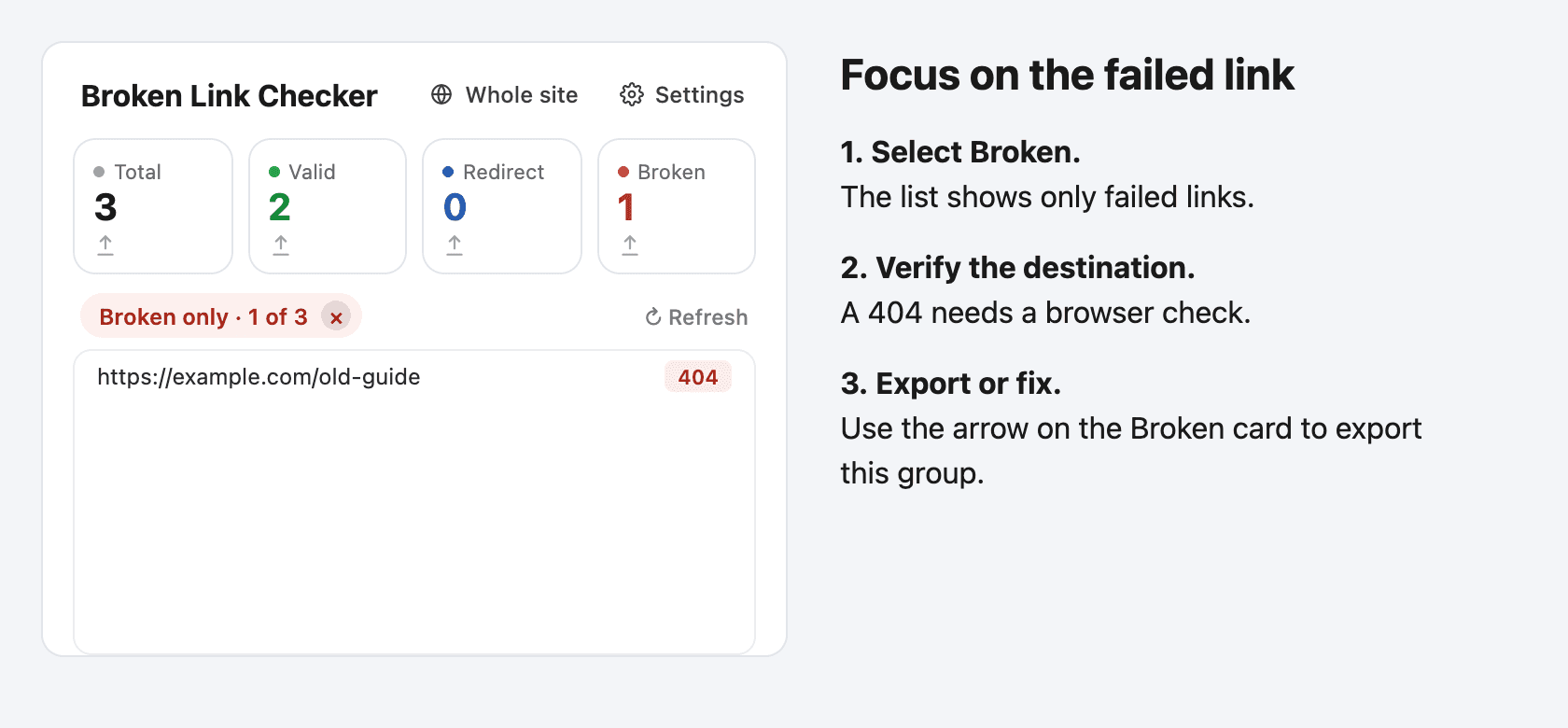Broken Link Checker with the Broken filter active and one failed destination visible