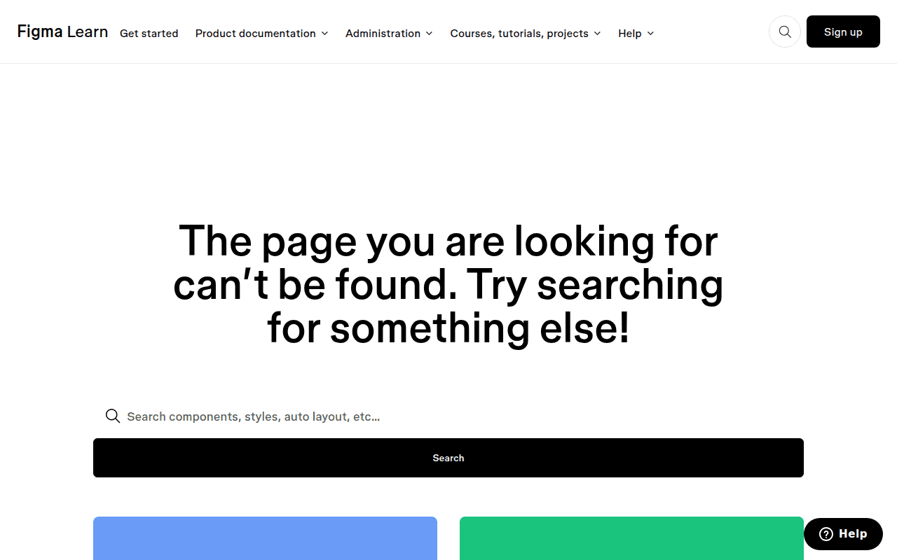 Figma Learn 404 page with a large "The page you are looking for can't be found" headline and a prominent search bar