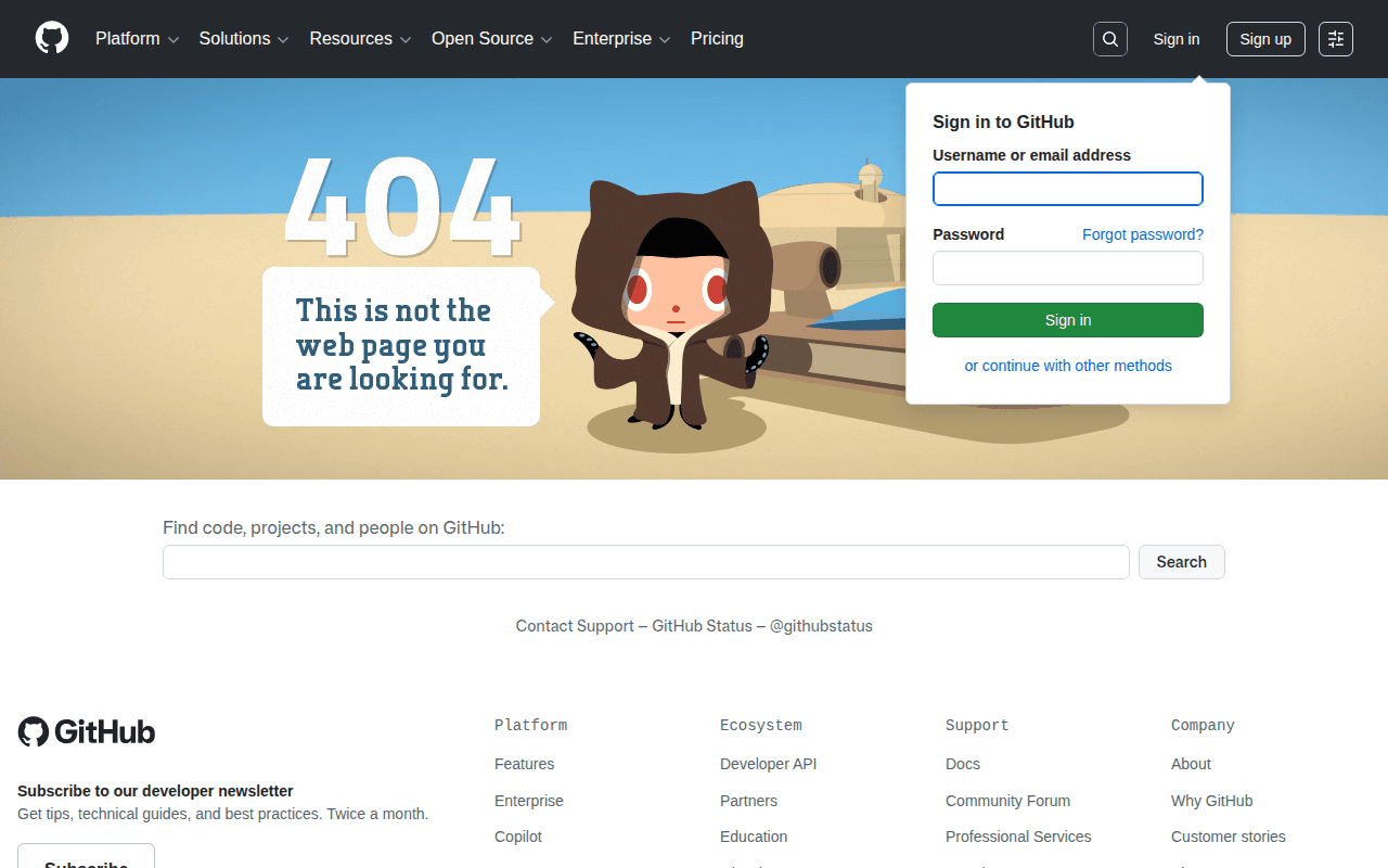 GitHub's custom 404 page featuring the Octocat mascot with a "This is not the web page you are looking for" message
