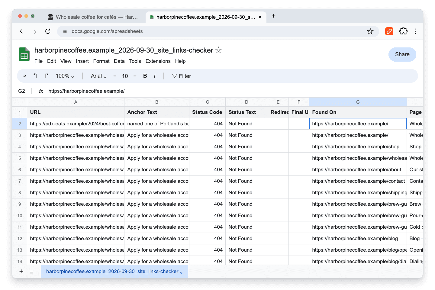 CSV export of the site scan opened in Google Sheets, with one row for the outbound link and one row per page for the footer link