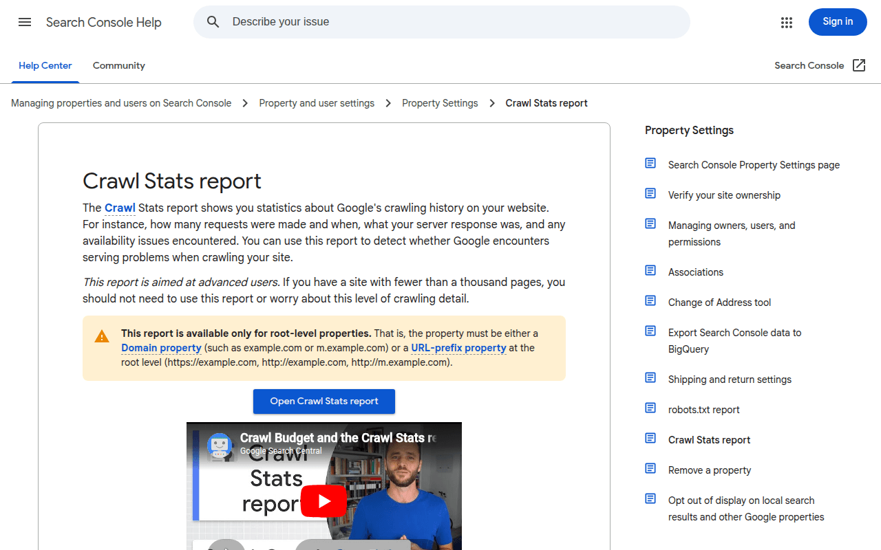 Google Search Console Crawl Stats report — shows crawling activity, response codes, and availability issues detected by Googlebot