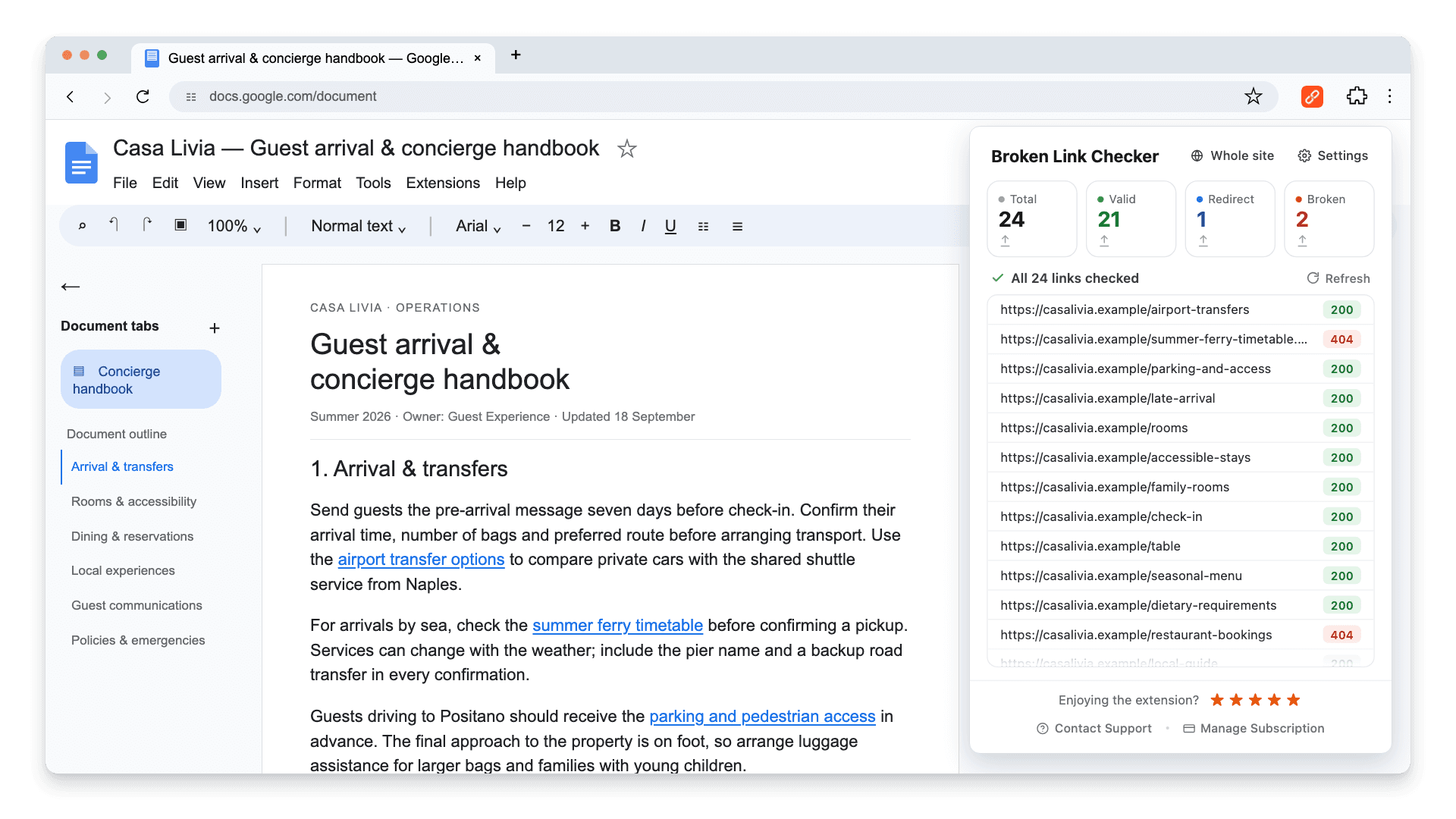 Google Docs handbook with the Broken Link Checker panel listing 24 checked links, including 2 broken