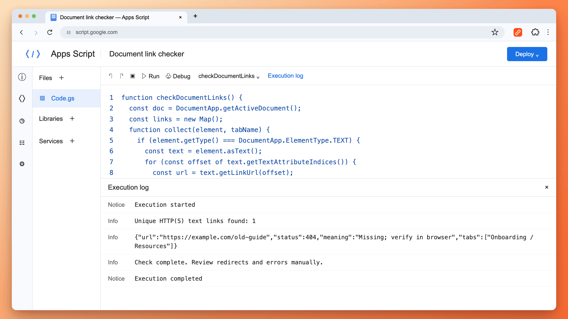 execution log showing a 404 result and the Onboarding / Resources tab path