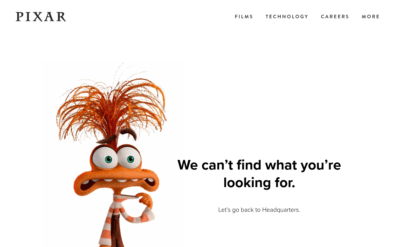 Pixar 404 page with Anxiety from Inside Out 2 next to the headline "We can't find what you're looking for"