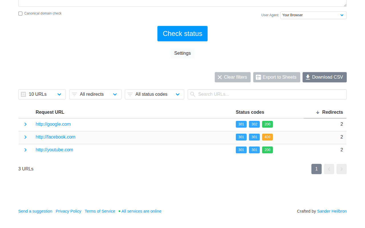 Redirect checker results showing multiple status codes and redirect hops for each tested URL