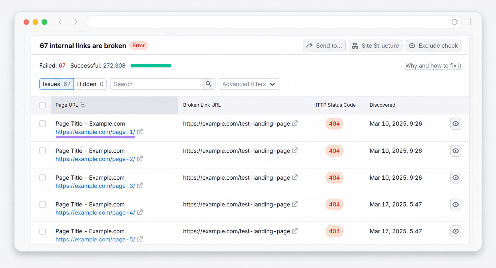 Semrush Site Audit report listing source pages, broken destination URLs, and 404 status codes