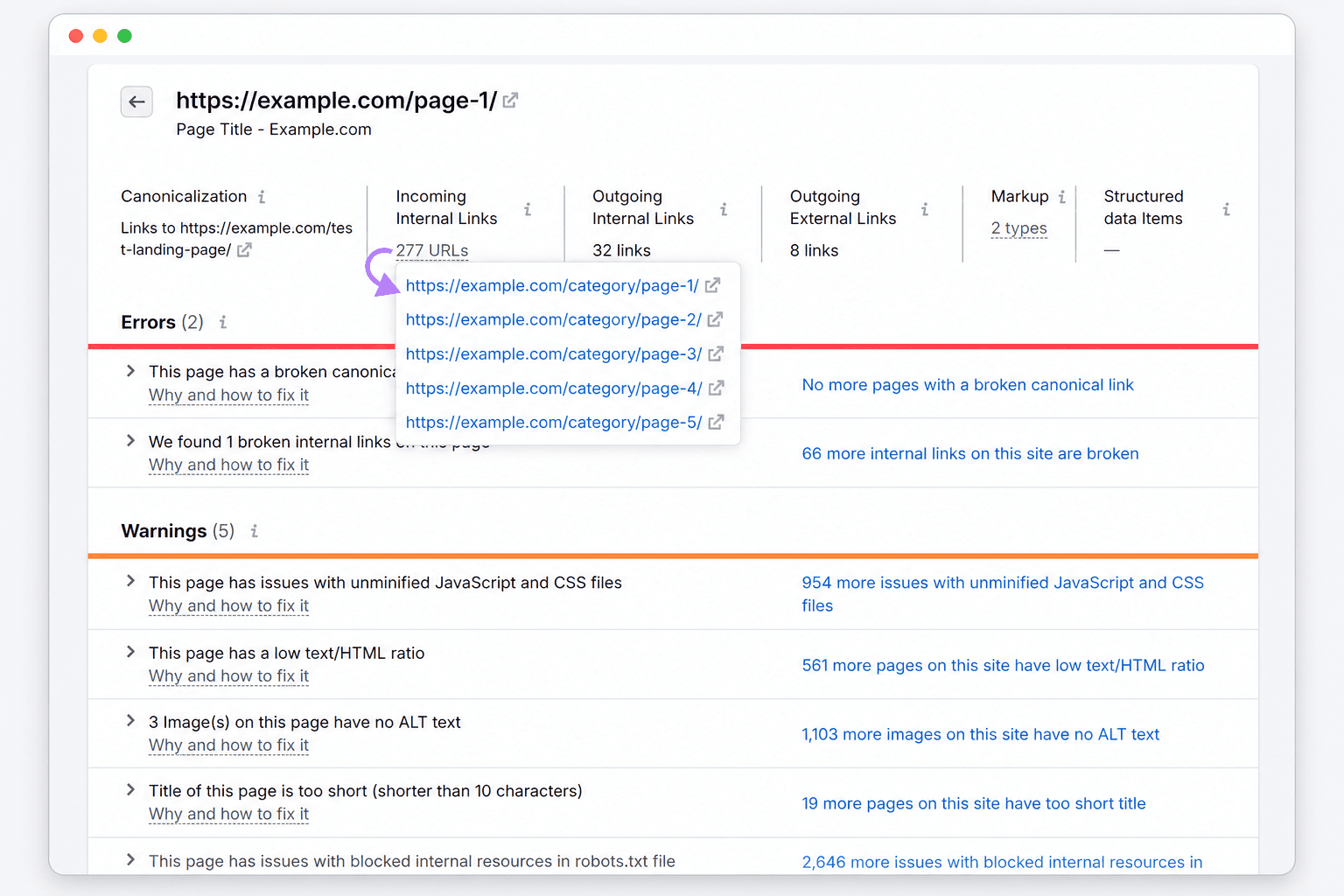 Semrush page details showing the Incoming Internal Links URL list