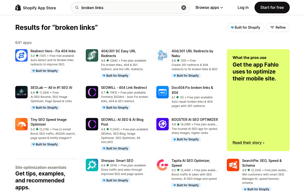 Shopify App Store search results for broken link apps