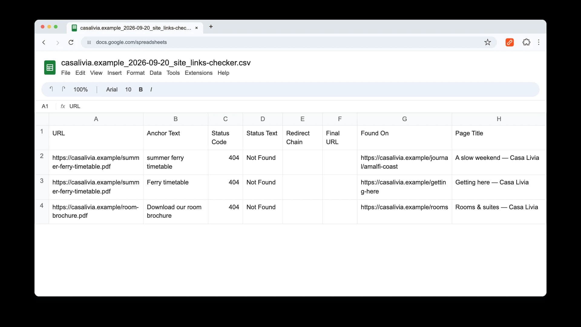 CSV export from a whole-site scan