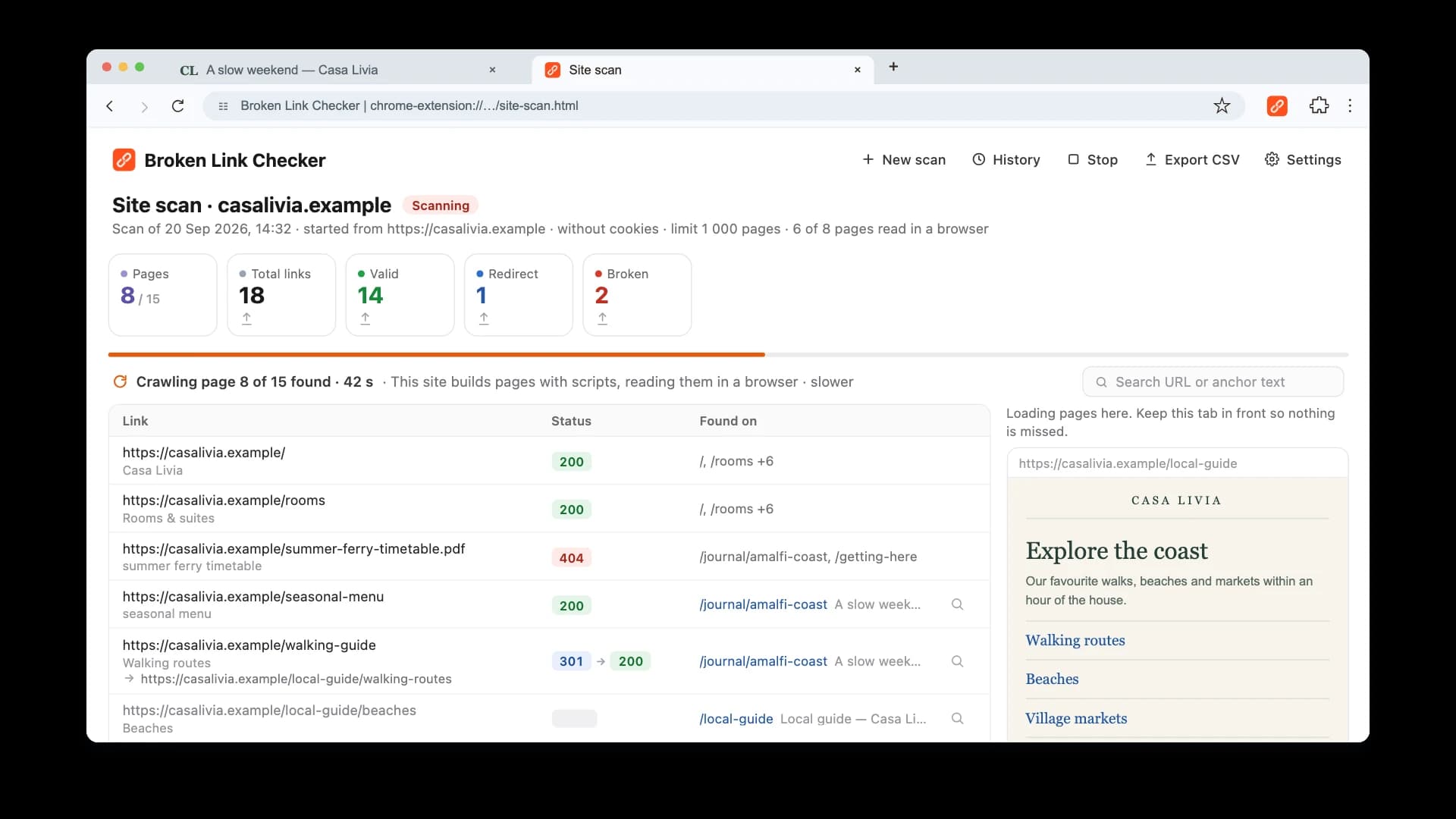 Broken Link Checker page-rendering panel during a JavaScript site scan