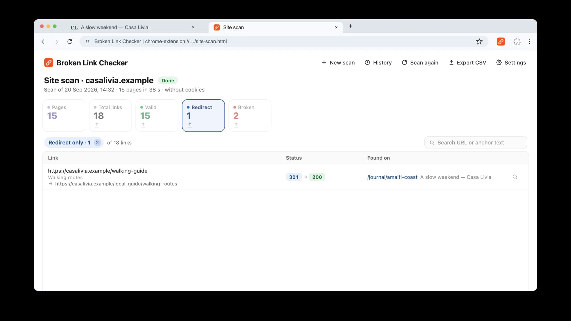 Broken Link Checker site-scan report for reviewing redirects during a domain migration