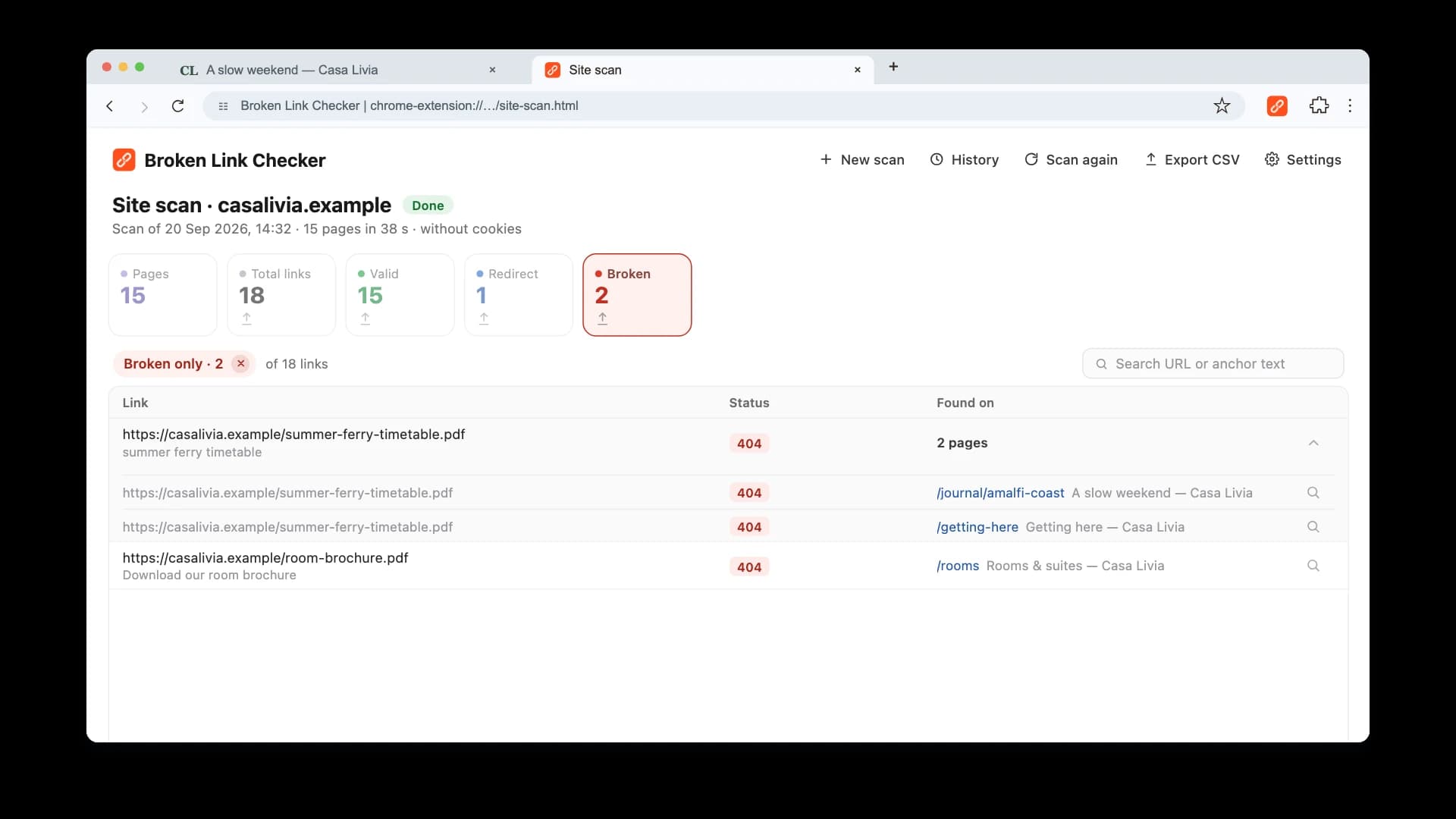 Broken Link Checker site-scan report with a broken result and its Found on source pages expanded