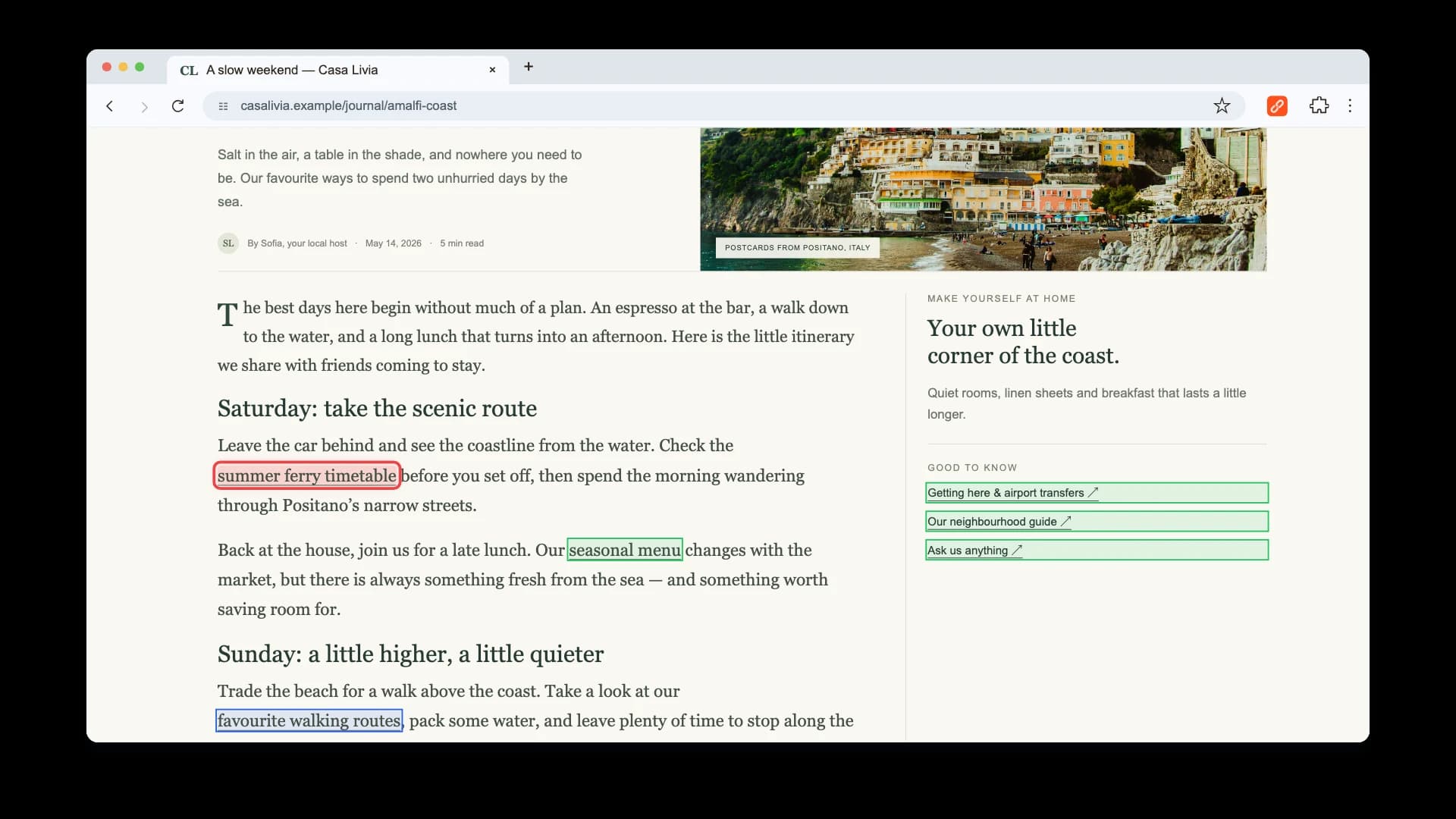 Source page opened from a whole-site report with the failed link highlighted