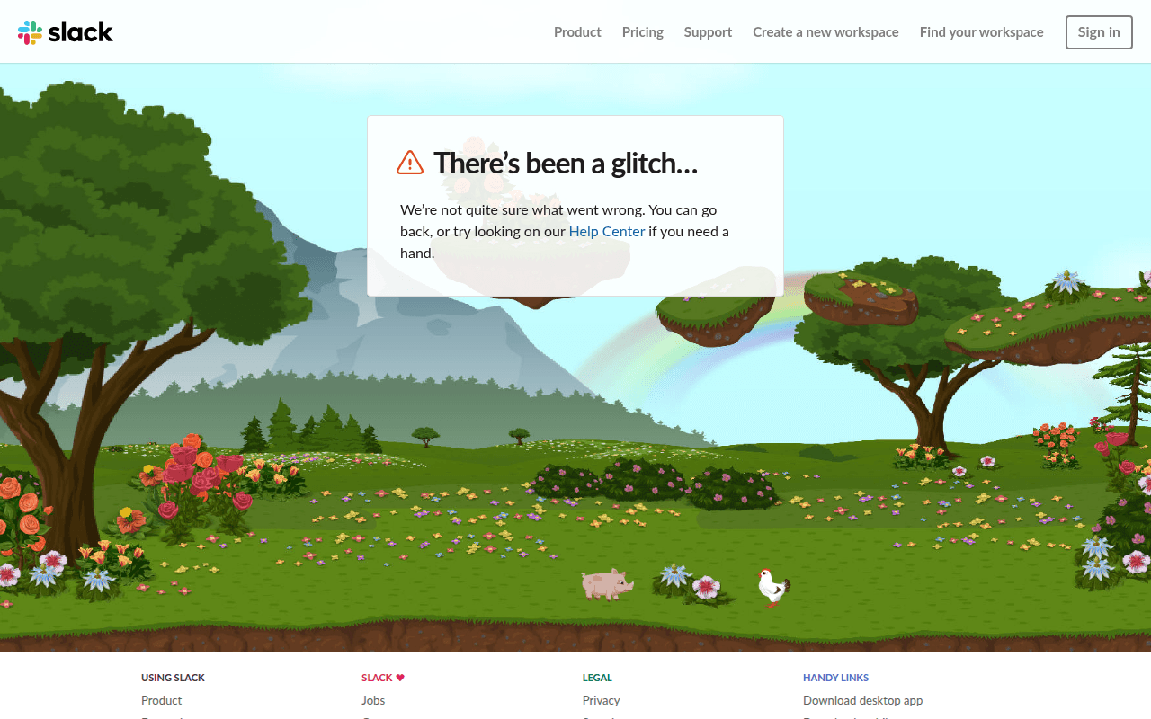 Slack's 404 page with an illustrated landscape scene and helpful navigation links
