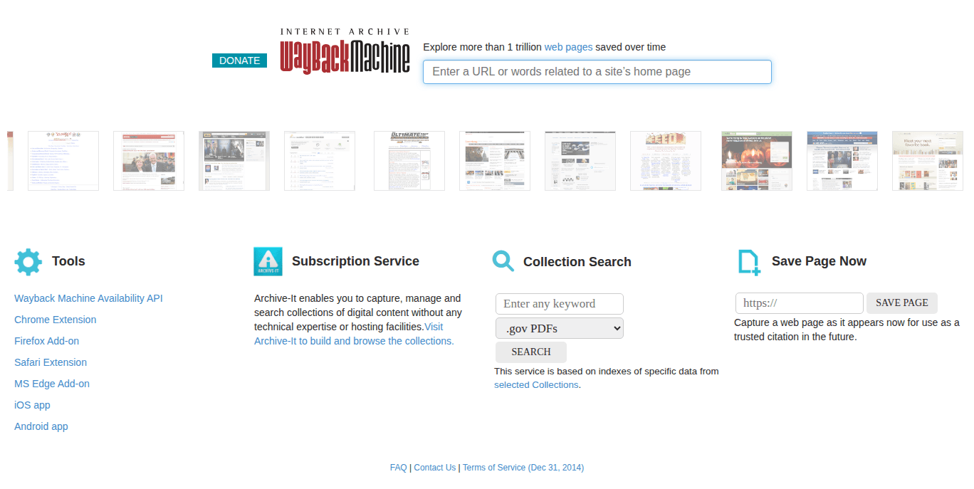 Wayback Machine homepage for looking up and saving source pages