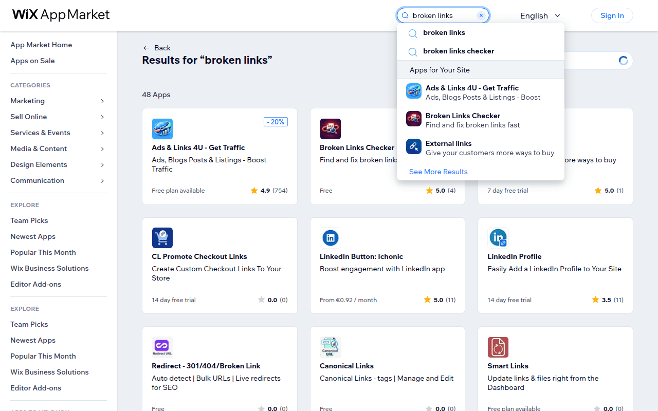 Wix App Market search results for broken link checker apps