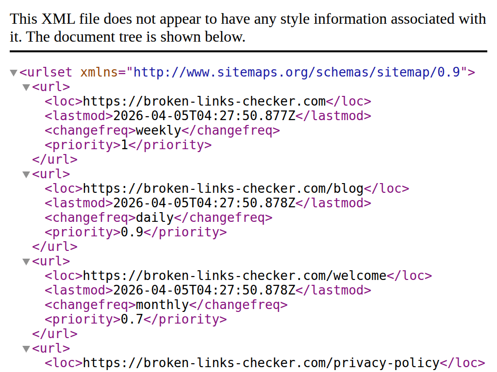 XML sitemap file viewed in a browser showing URL entries with loc, lastmod, changefreq, and priority tags