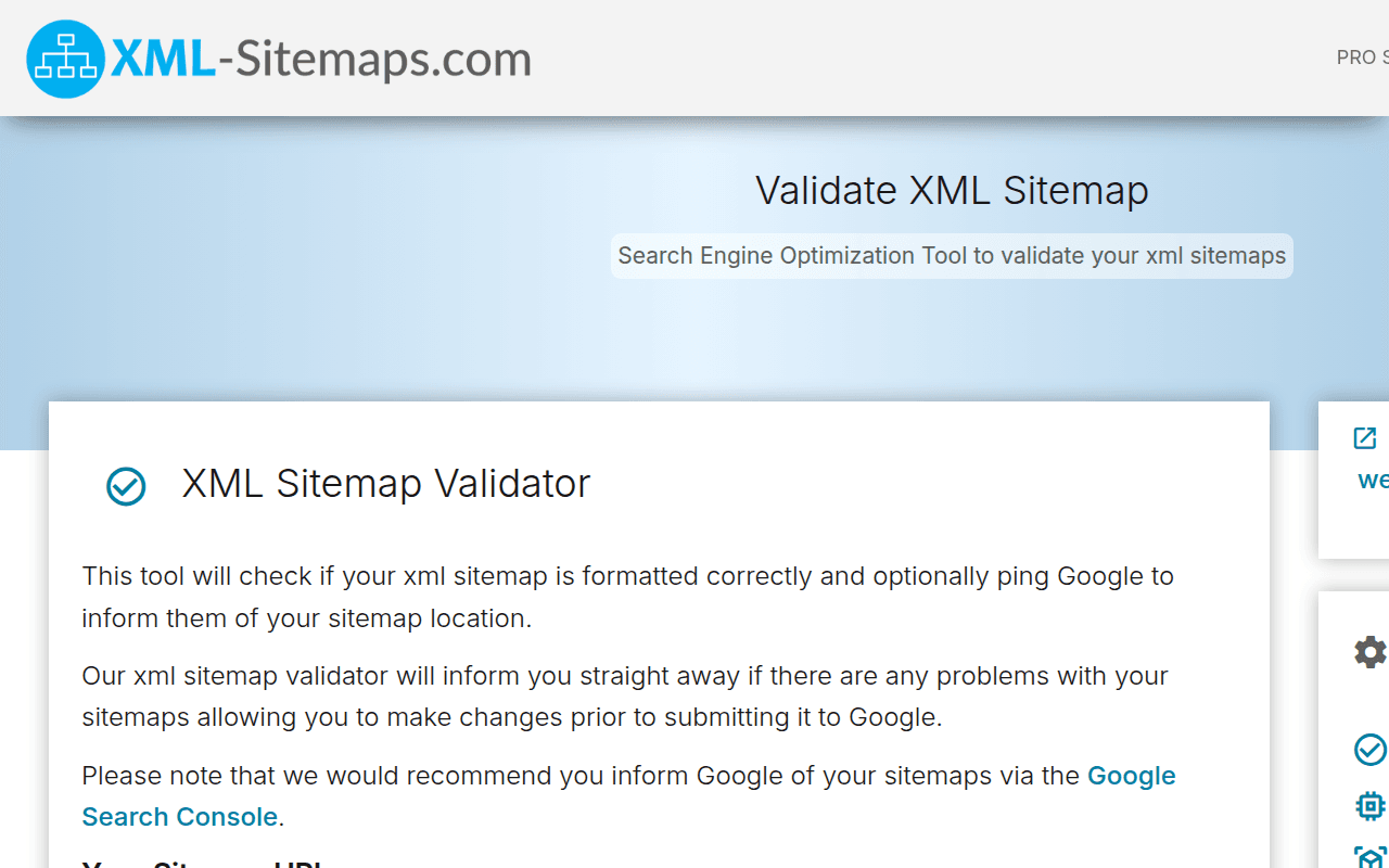 XML Sitemap Validator tool interface for checking sitemap formatting and URL validity