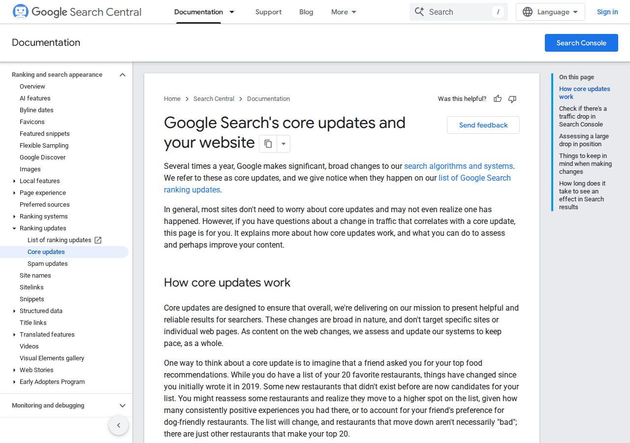 Google's official Core Updates documentation page on Search Central, where Google directs site owners after every core update