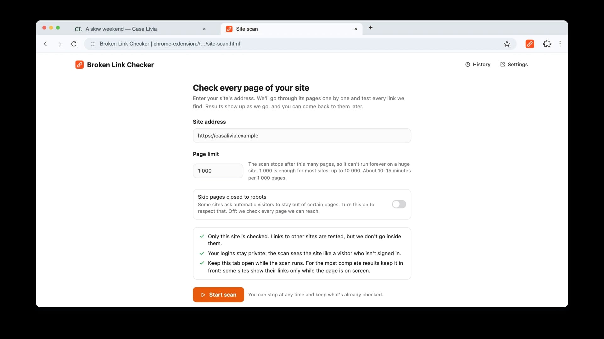 Whole-site scan start screen with the site address and page limit fields