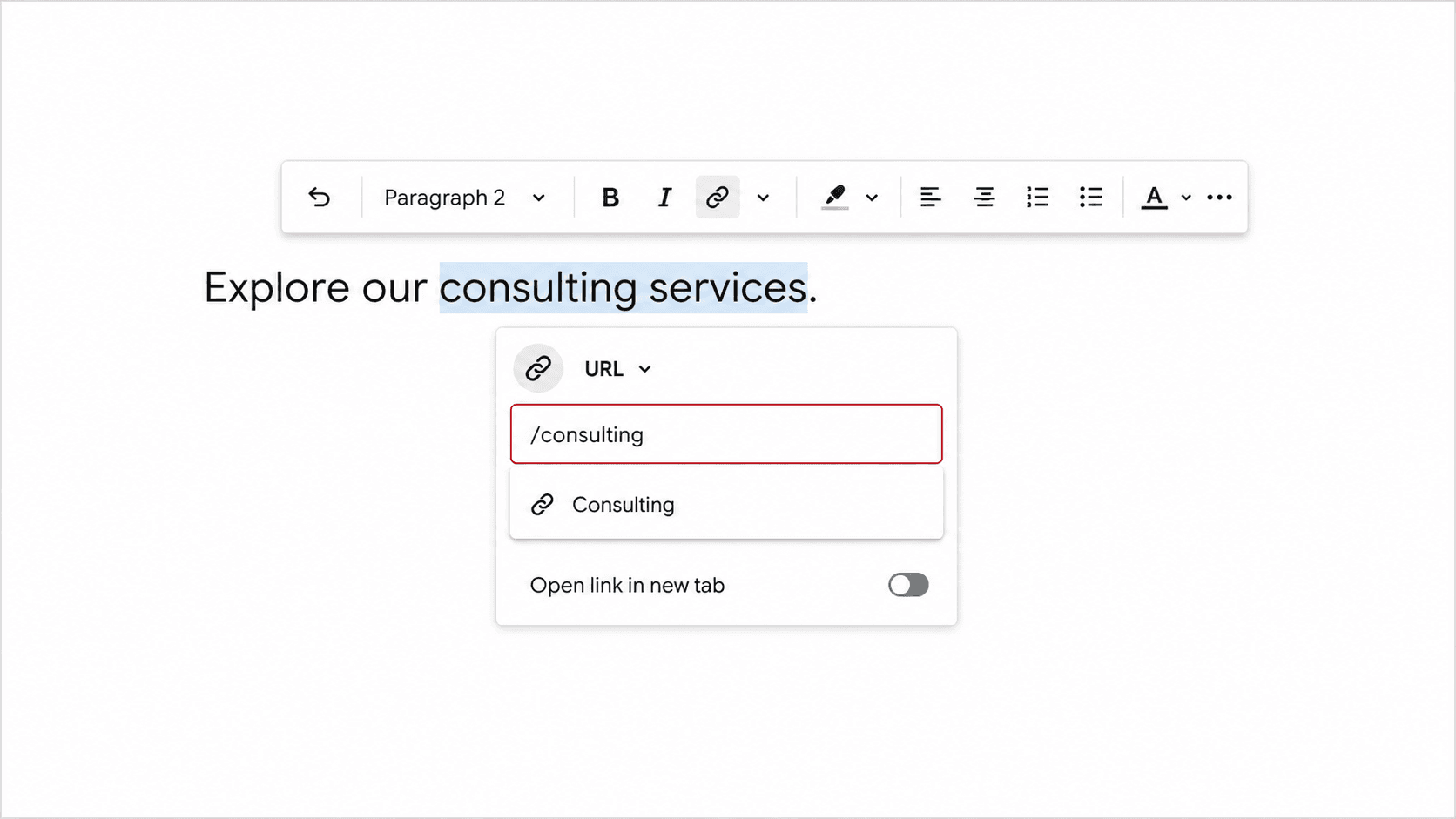 Squarespace link editor with the internal page path set to consulting