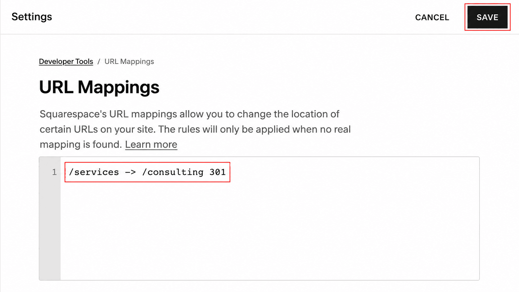 Squarespace URL Mappings editor with a permanent redirect from services to consulting